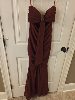 Windsor Deep Brown Textured Strapless Maxi Dress with Front Tie